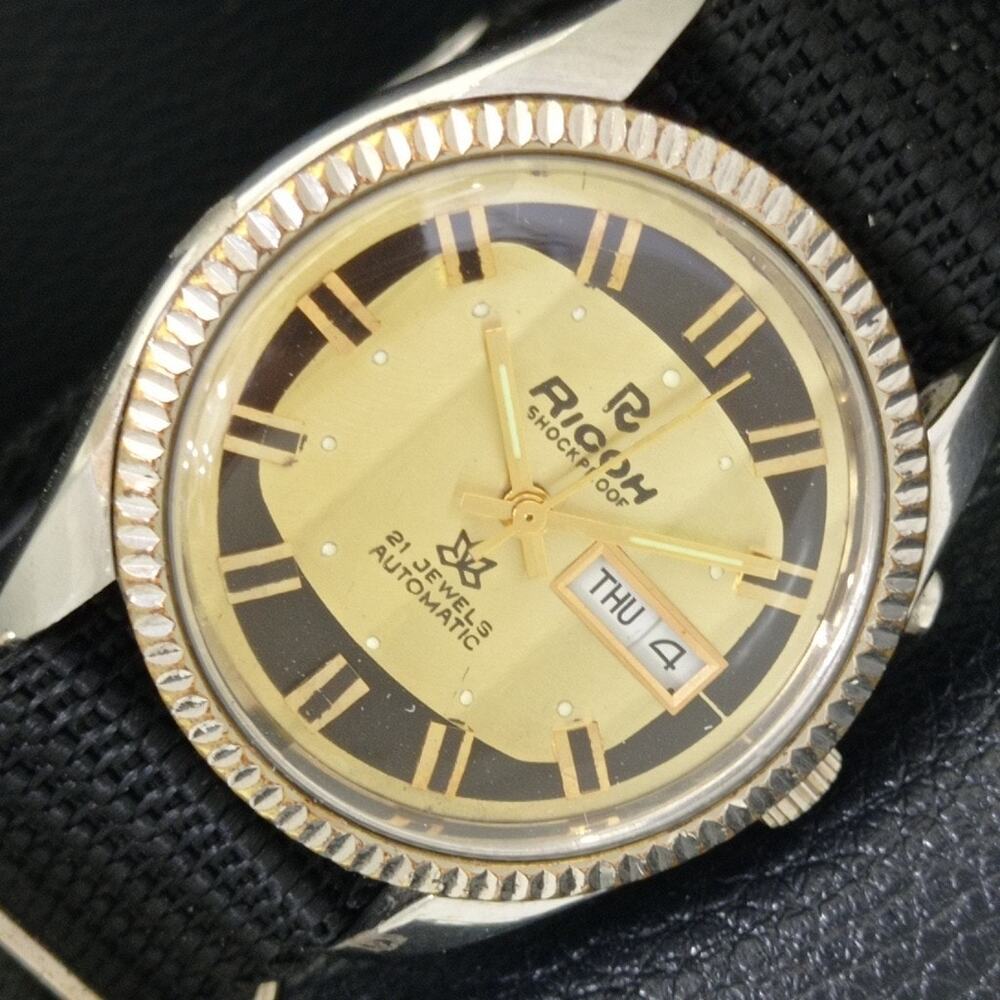 Vintage 1976 Ricoh Automatic Mens Silver Watch W/daydate & Gold accents